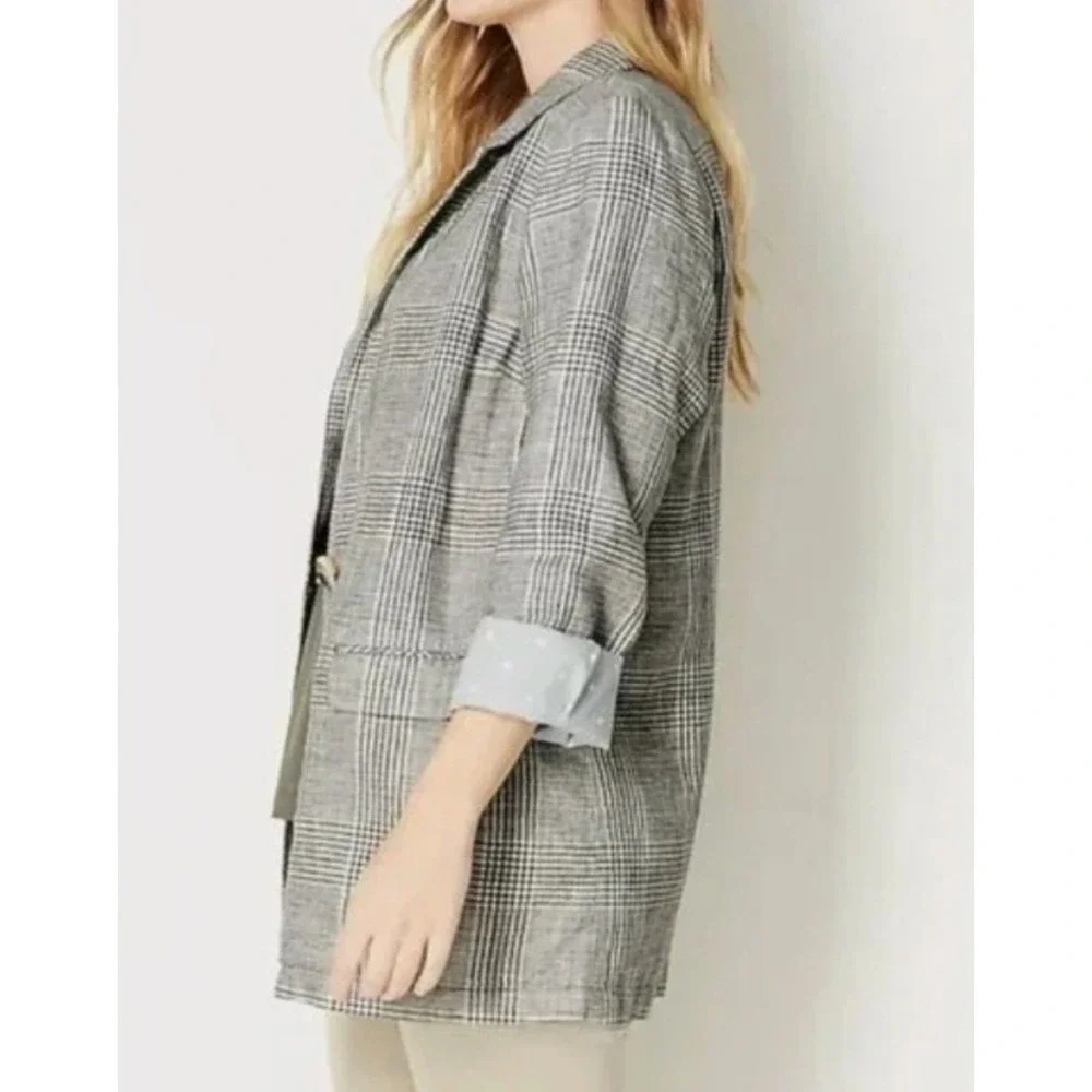 J‎ Jill Love Linen Blazer Plaid Longline Womens Lrg Boyfriend Fit Blue Academia